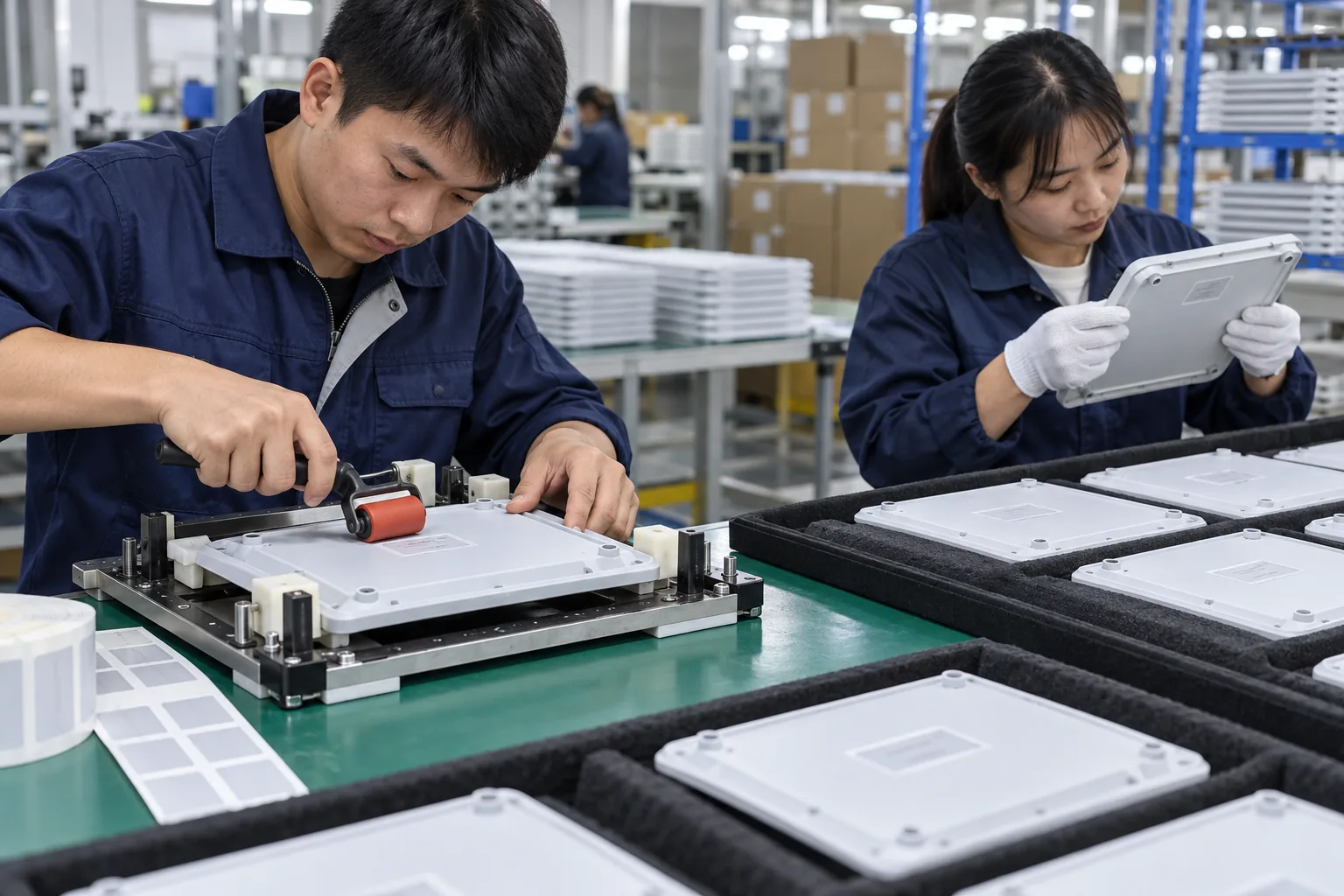 Chinese technicians checking plastic-base label adhesion during LED board production