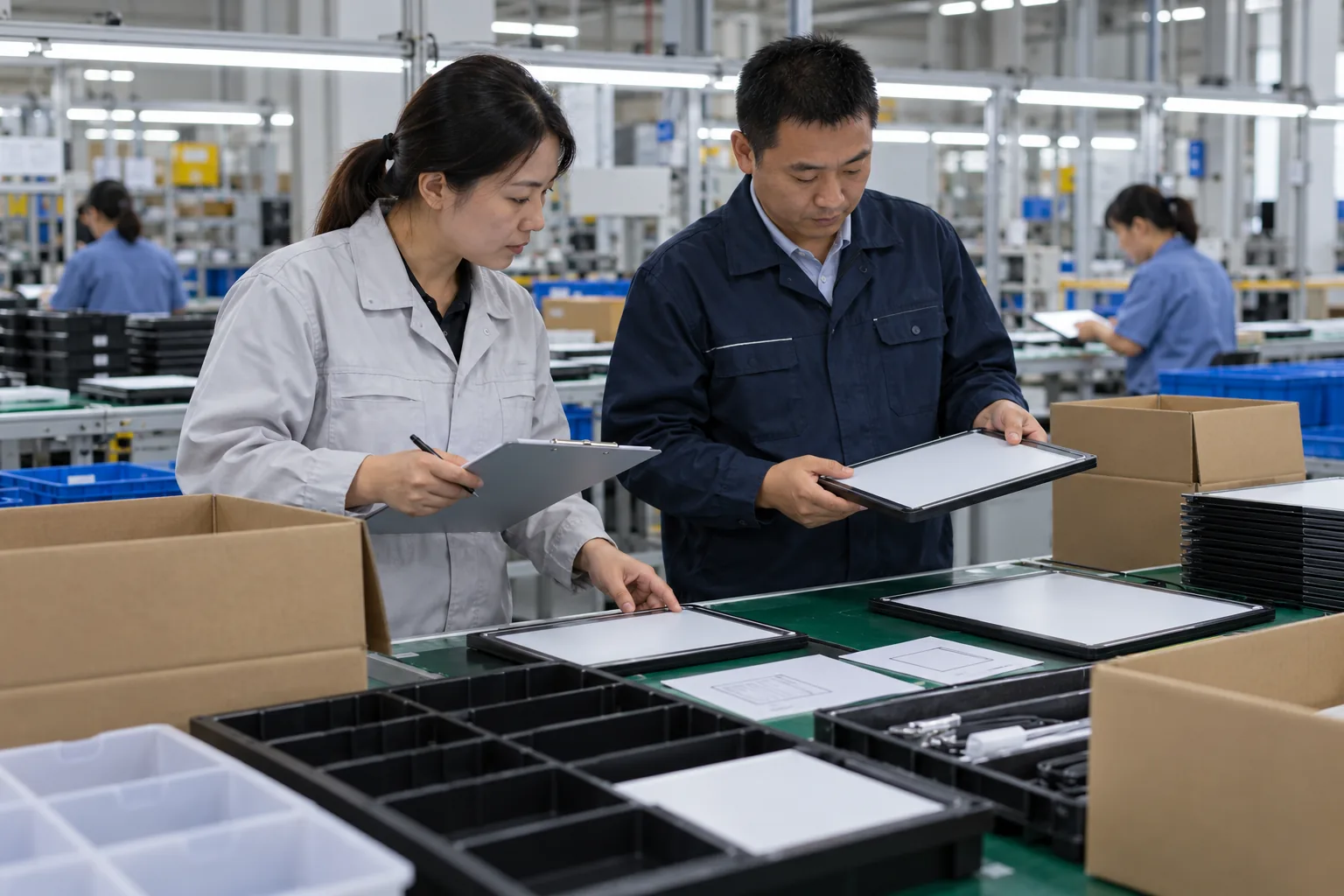 Asian buyer reviewing mixed-SKU line-clearance control samples for LED drawing boards