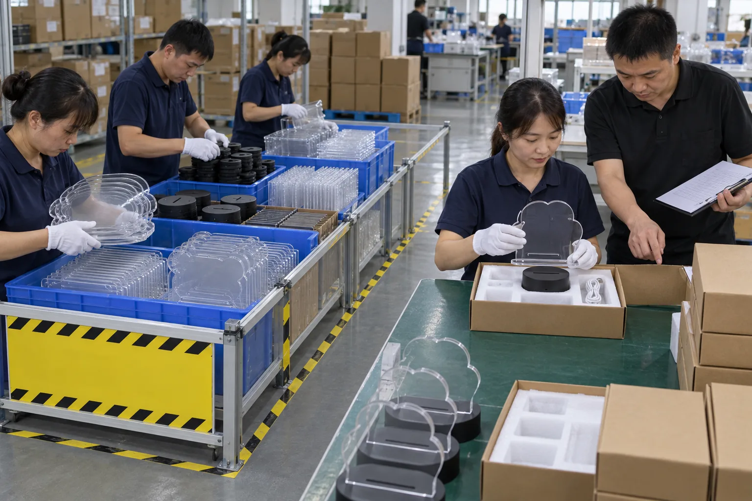 Chinese technicians checking mixed-SKU line-clearance control during LED board production