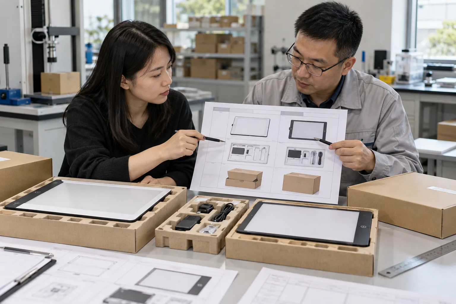 Asian buyer reviewing packaging retest decision samples for LED drawing boards