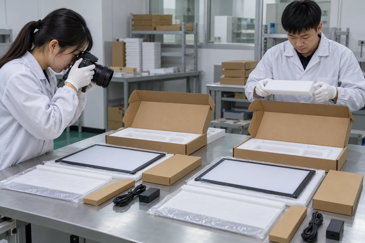Chinese technicians checking packaging retest decision during LED board production