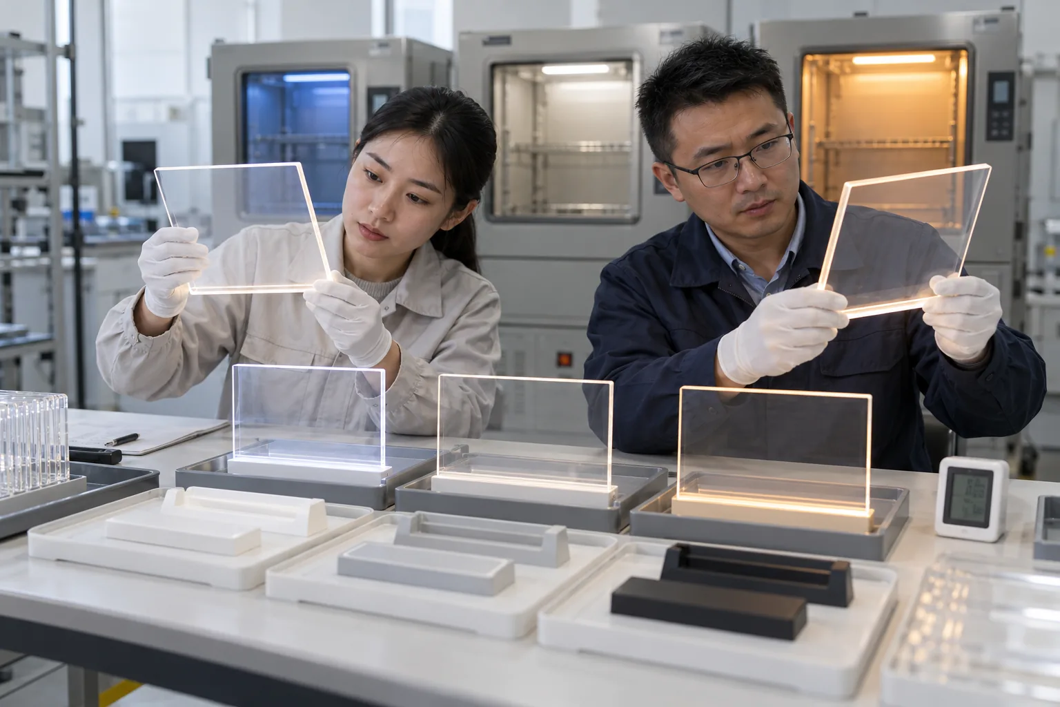 Asian buyer reviewing acrylic thermal-expansion fit allowance samples for LED drawing boards