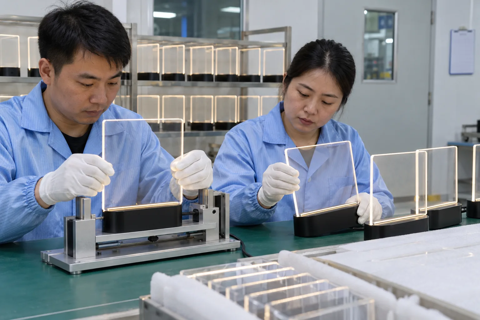 Chinese technicians checking acrylic thermal-expansion fit allowance during LED board production