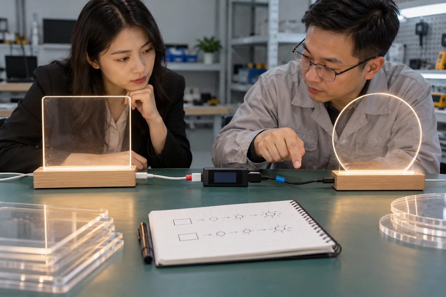 Asian buyer reviewing USB power-consumption evidence samples for LED drawing boards