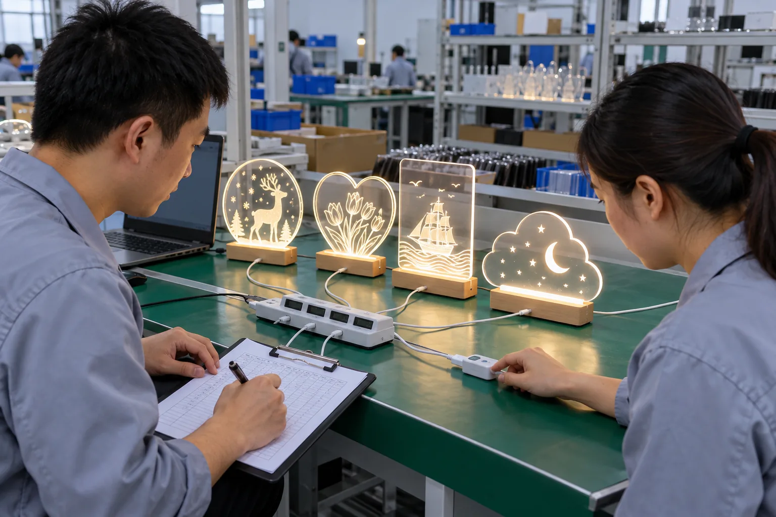Chinese technicians checking USB power-consumption evidence during LED board production