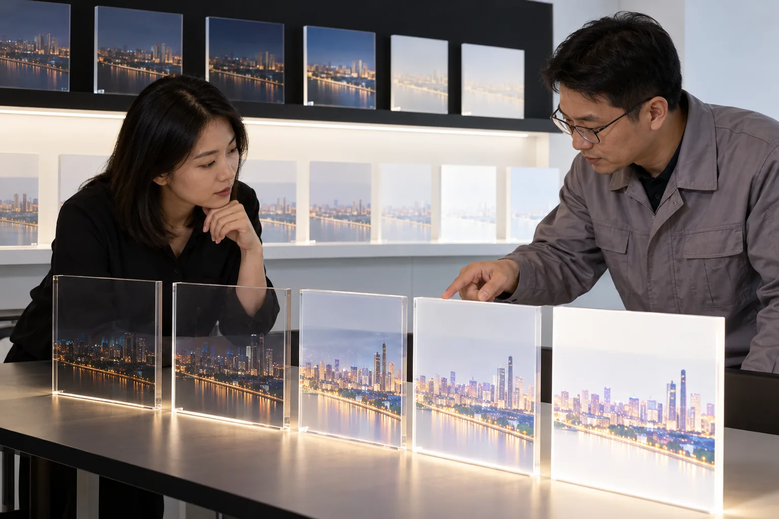 Asian buyer reviewing backlit white-ink opacity and coverage samples for LED drawing boards