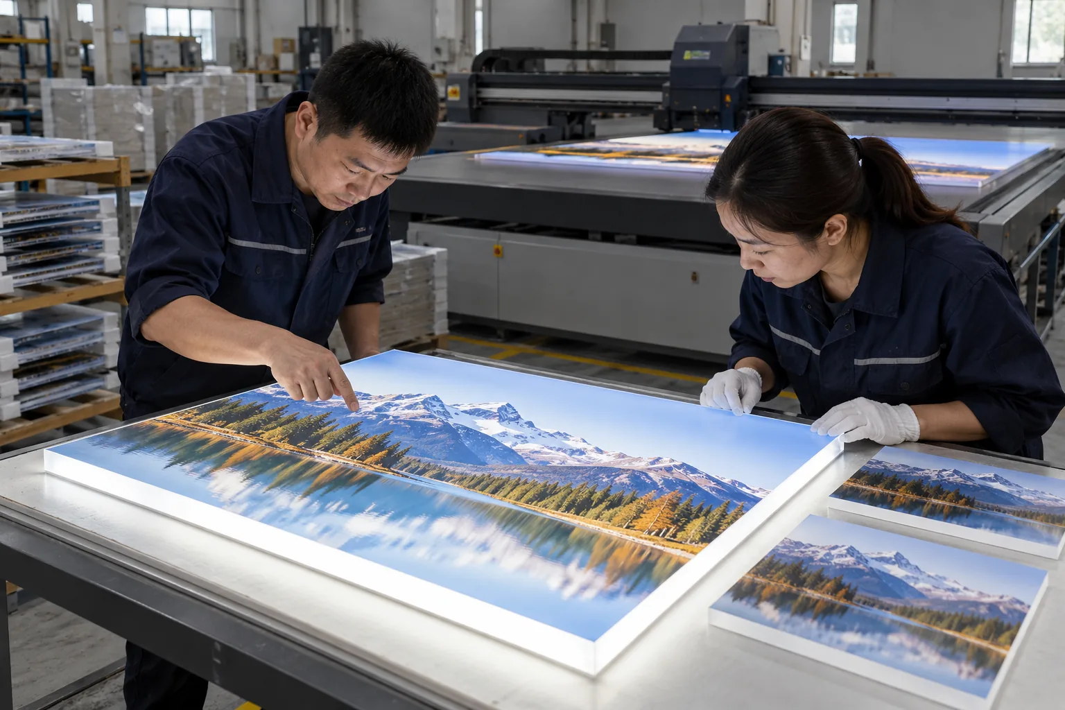 Chinese technicians checking backlit white-ink opacity and coverage during LED board production