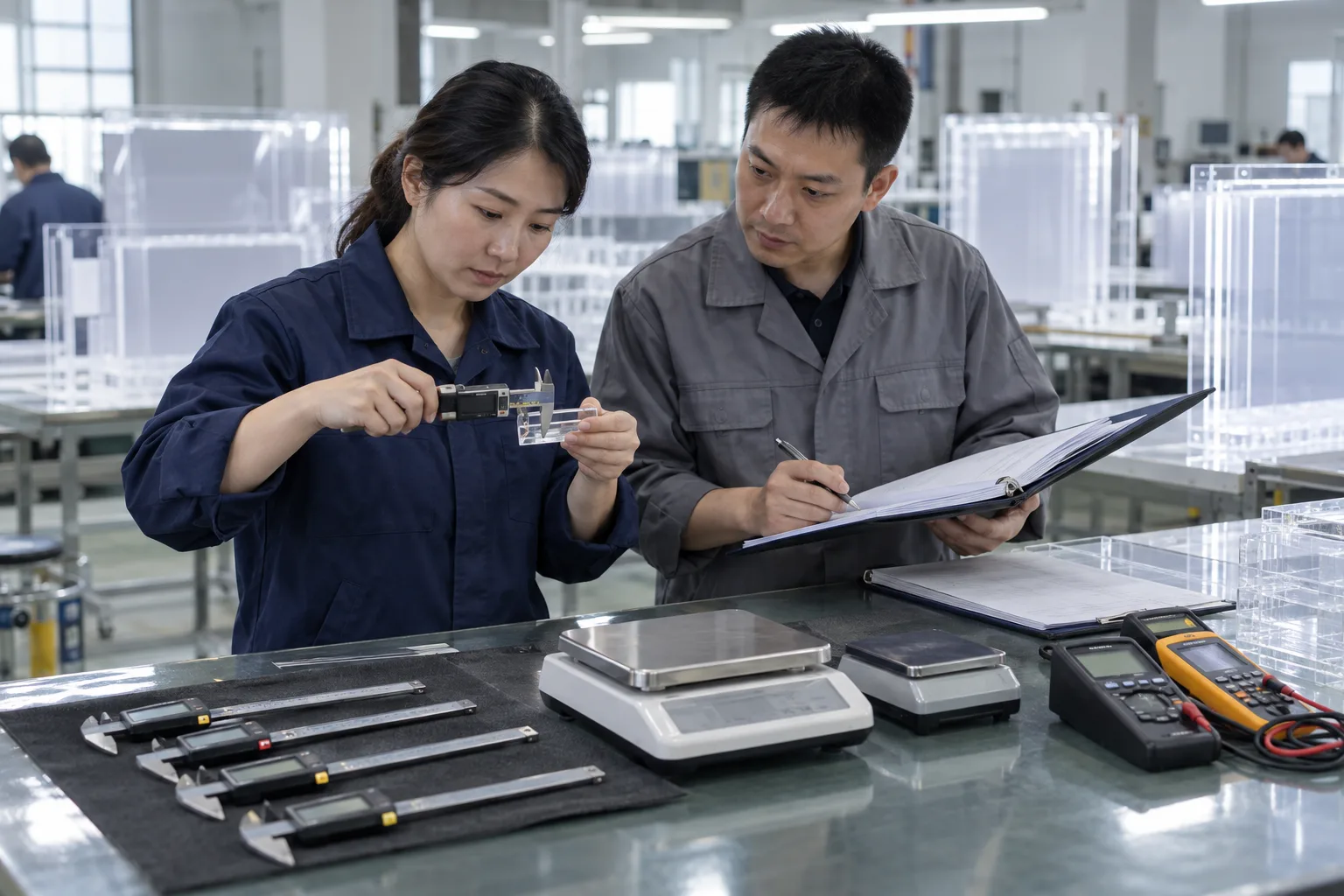 Asian buyer reviewing inspection-tool calibration interval samples for LED drawing boards