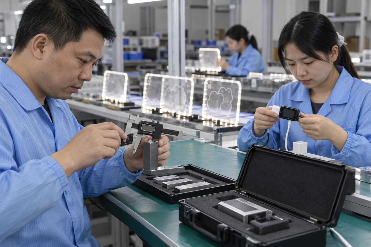 Chinese technicians checking inspection-tool calibration interval during LED board production