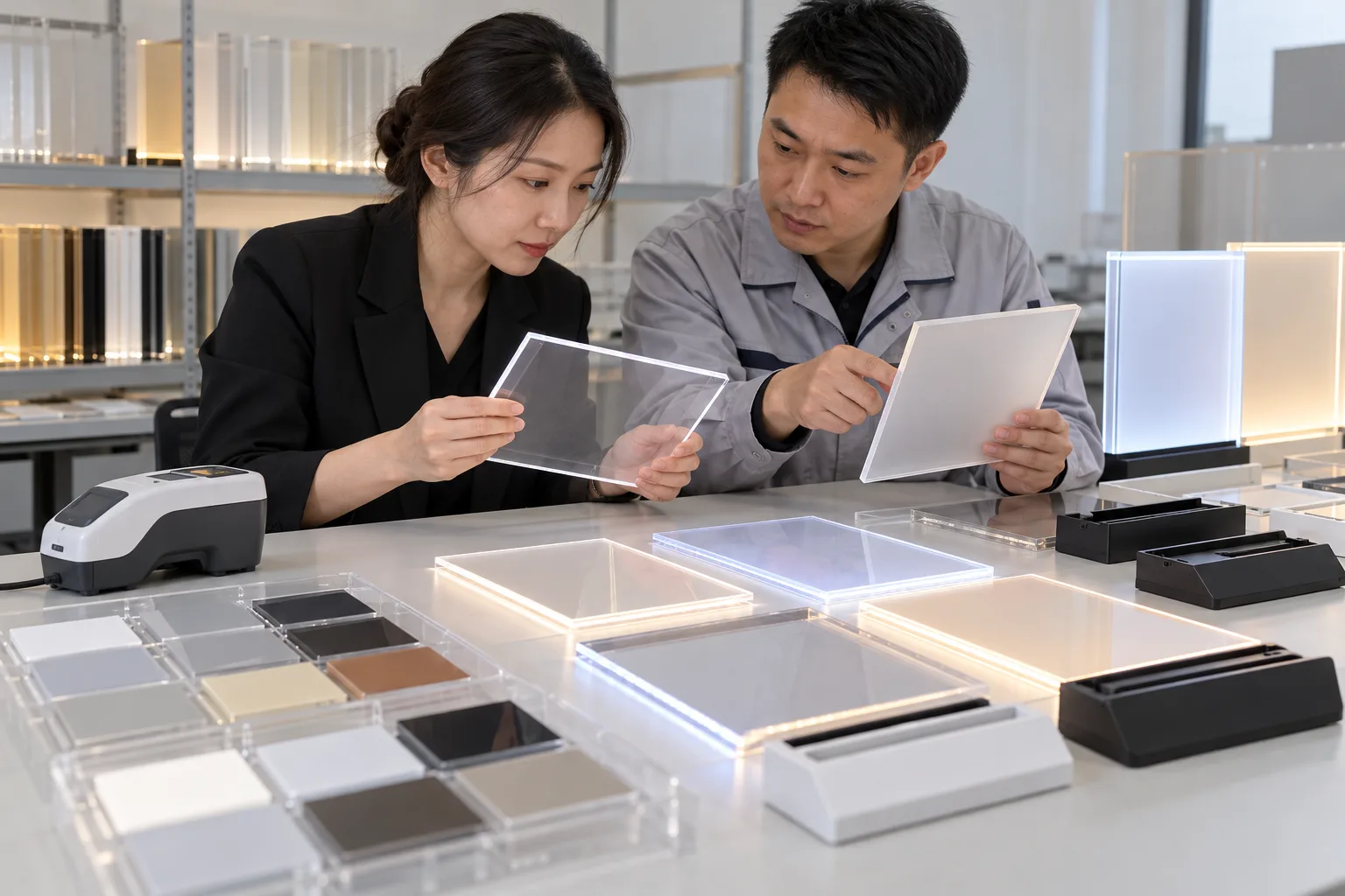 Asian buyer reviewing Delta E color-approval method samples for LED drawing boards