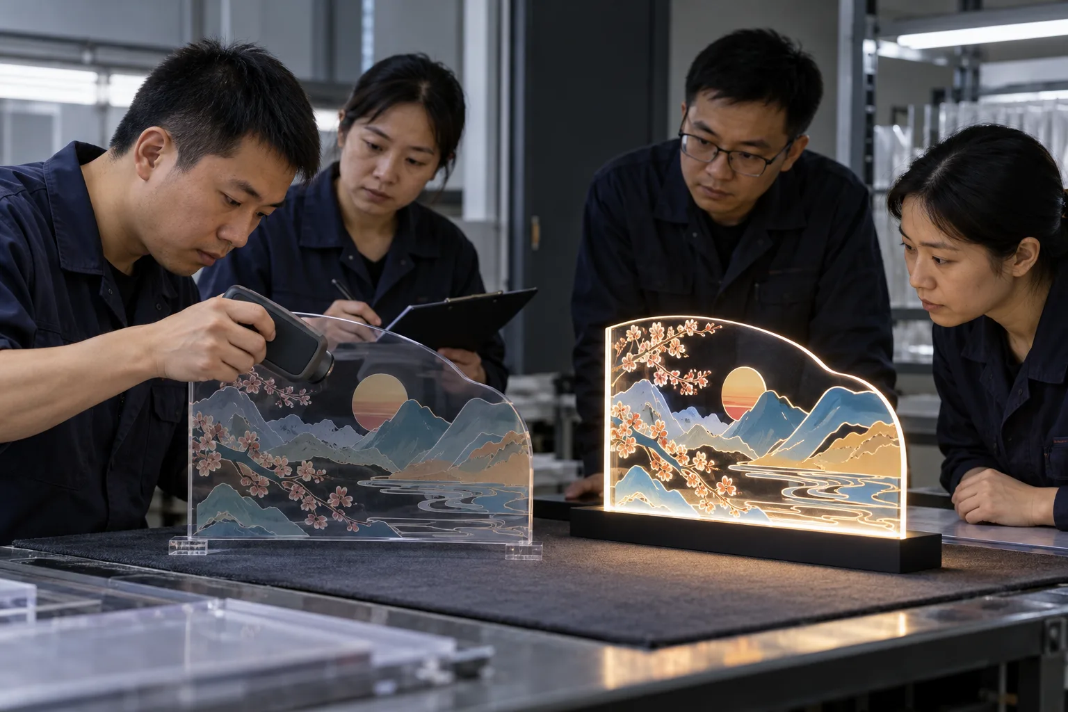 Chinese technicians checking Delta E color-approval method during LED board production