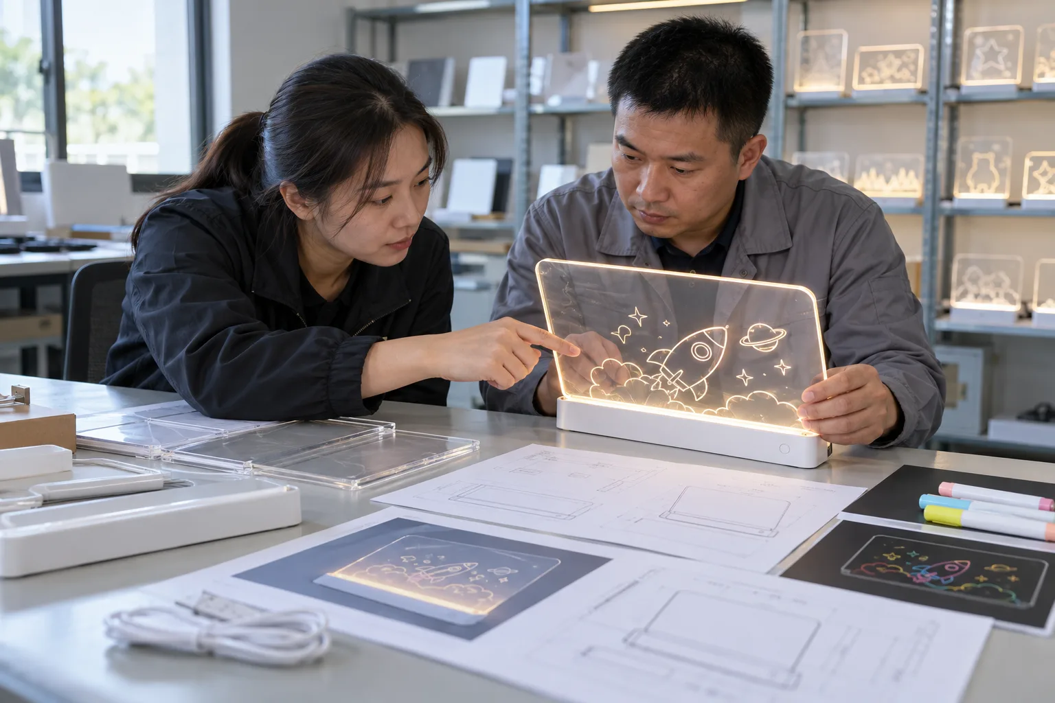 Asian buyer reviewing first-article inspection release samples for LED drawing boards