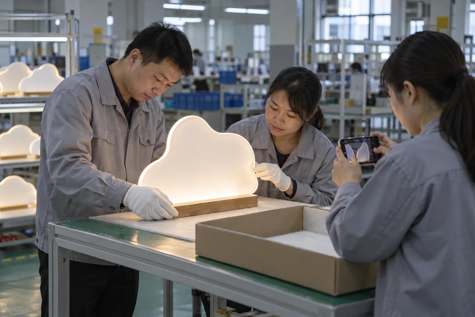 Chinese technicians checking first-article inspection release during LED board production