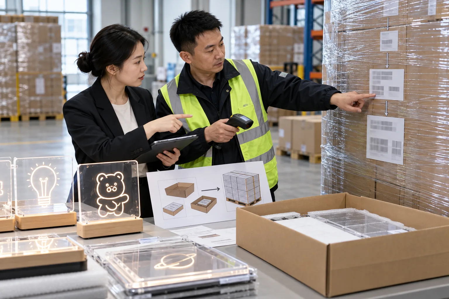 Asian buyer reviewing GS1 logistic-label and SSCC plan samples for LED drawing boards