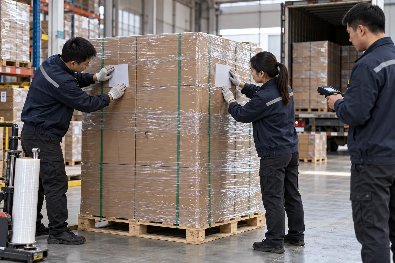 Chinese technicians checking GS1 logistic-label and SSCC plan during LED board production