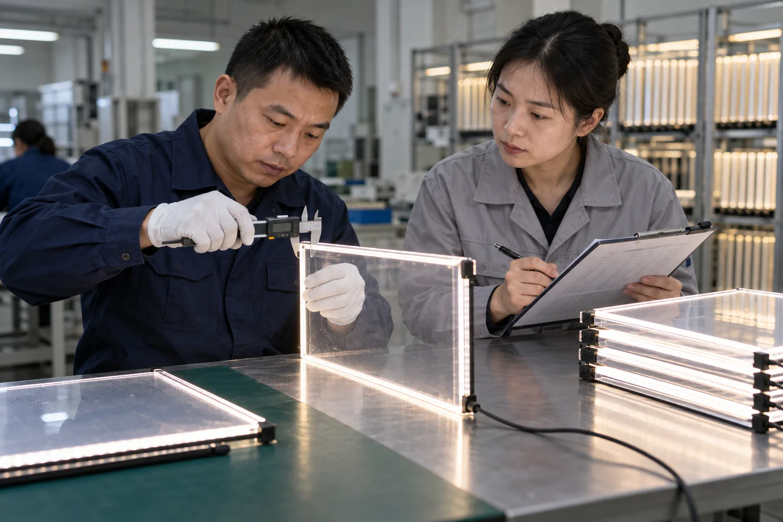 Asian buyer reviewing measurement-uncertainty acceptance rule samples for LED drawing boards