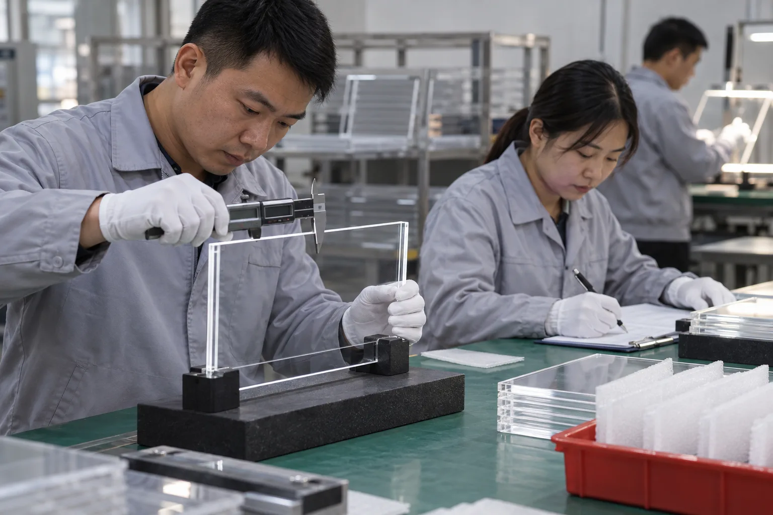 Chinese technicians checking measurement-uncertainty acceptance rule during LED board production