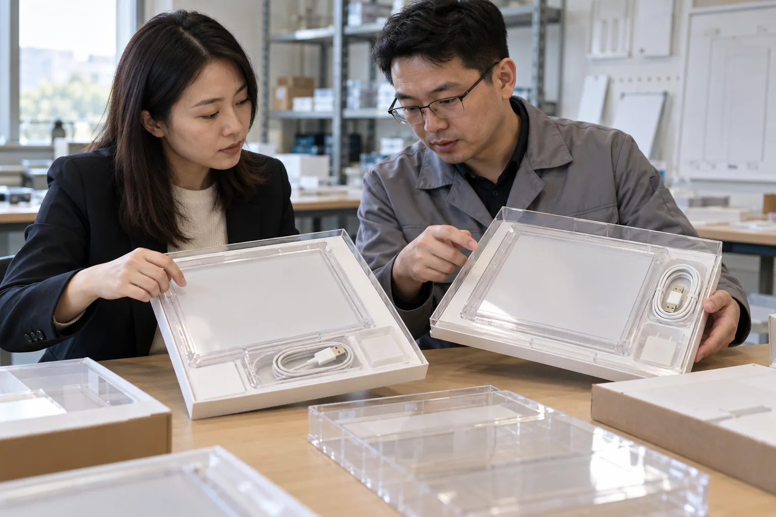 Asian buyer reviewing USB cable and connector pack protection samples for LED drawing boards