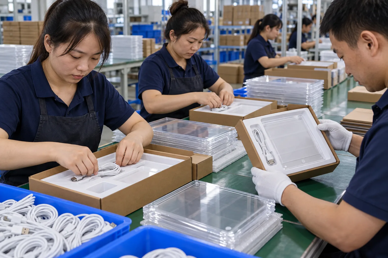 Chinese technicians checking USB cable and connector pack protection during LED board production
