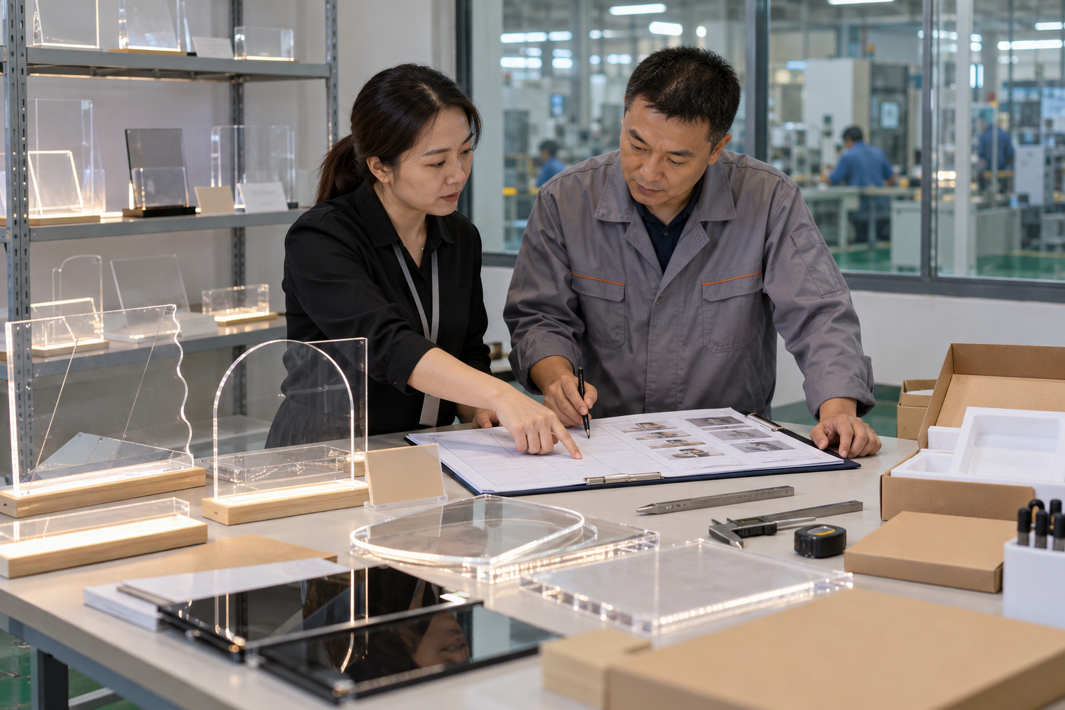 Asian buyer reviewing manufacturing control plan samples for LED drawing boards