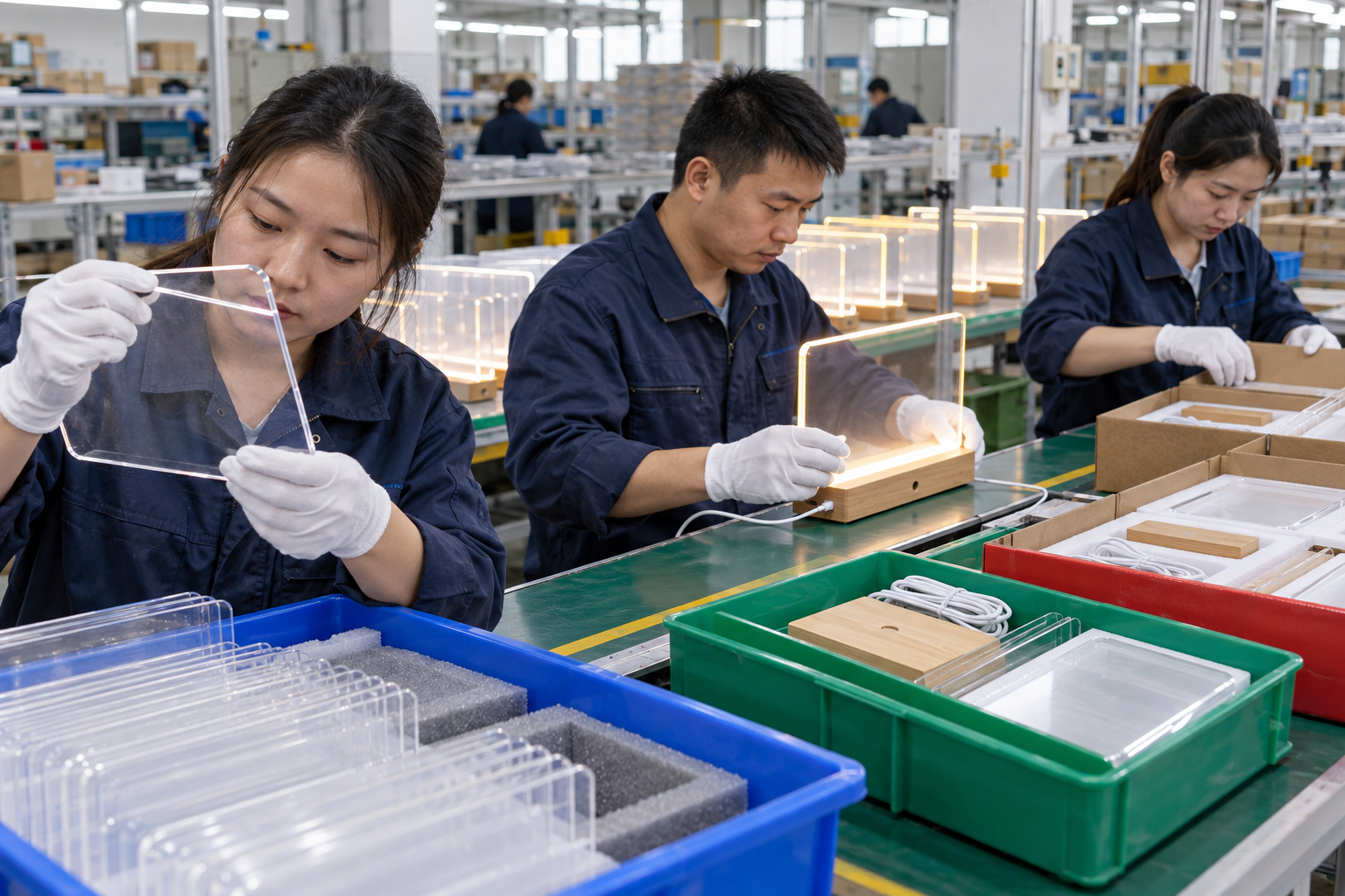 Chinese technicians checking manufacturing control plan during LED board production