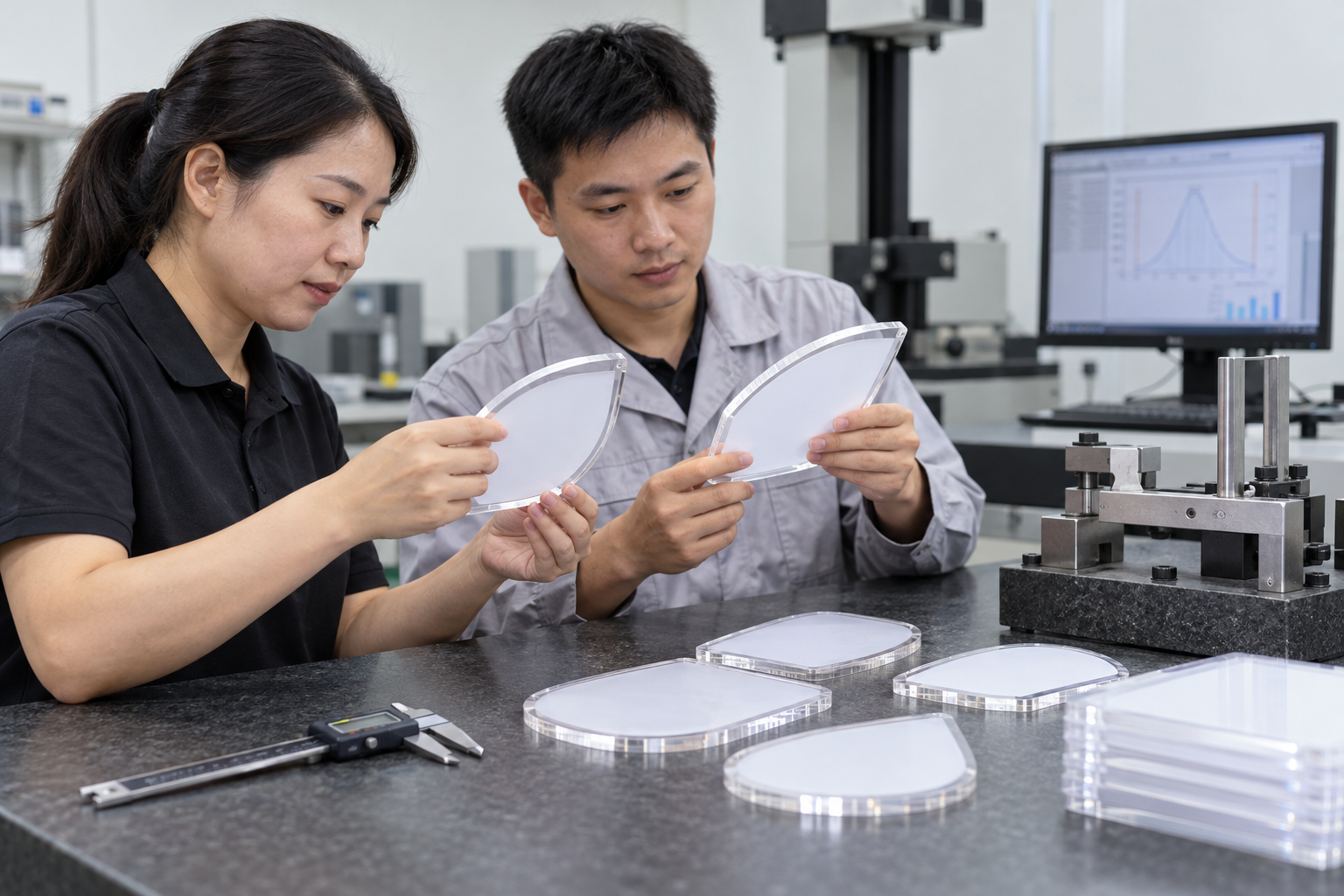 Asian buyer reviewing Cp and Cpk capability study samples for LED drawing boards