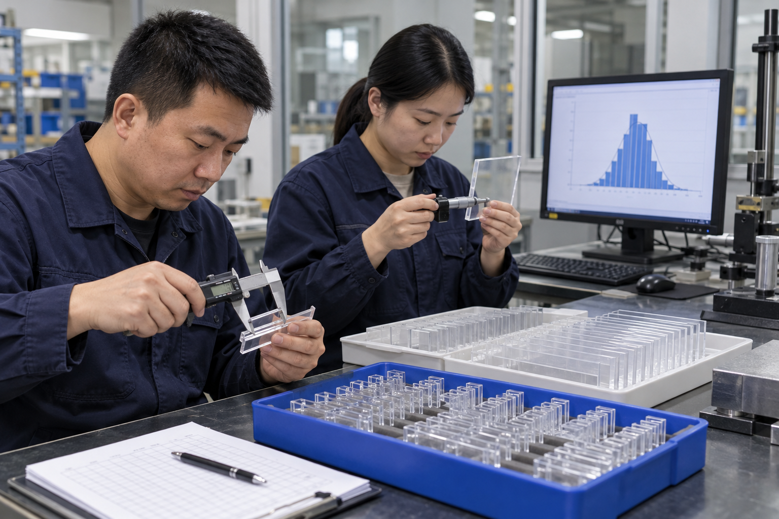 Chinese technicians checking Cp and Cpk capability study during LED board production