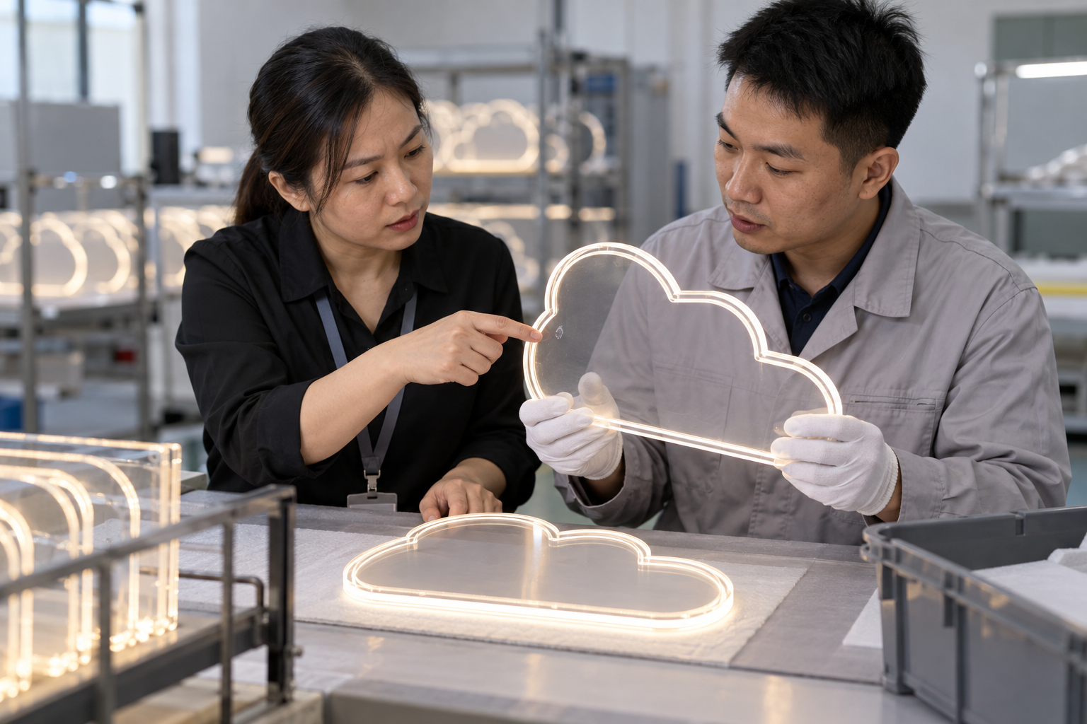 Asian buyer reviewing deviation and concession workflow samples for LED drawing boards