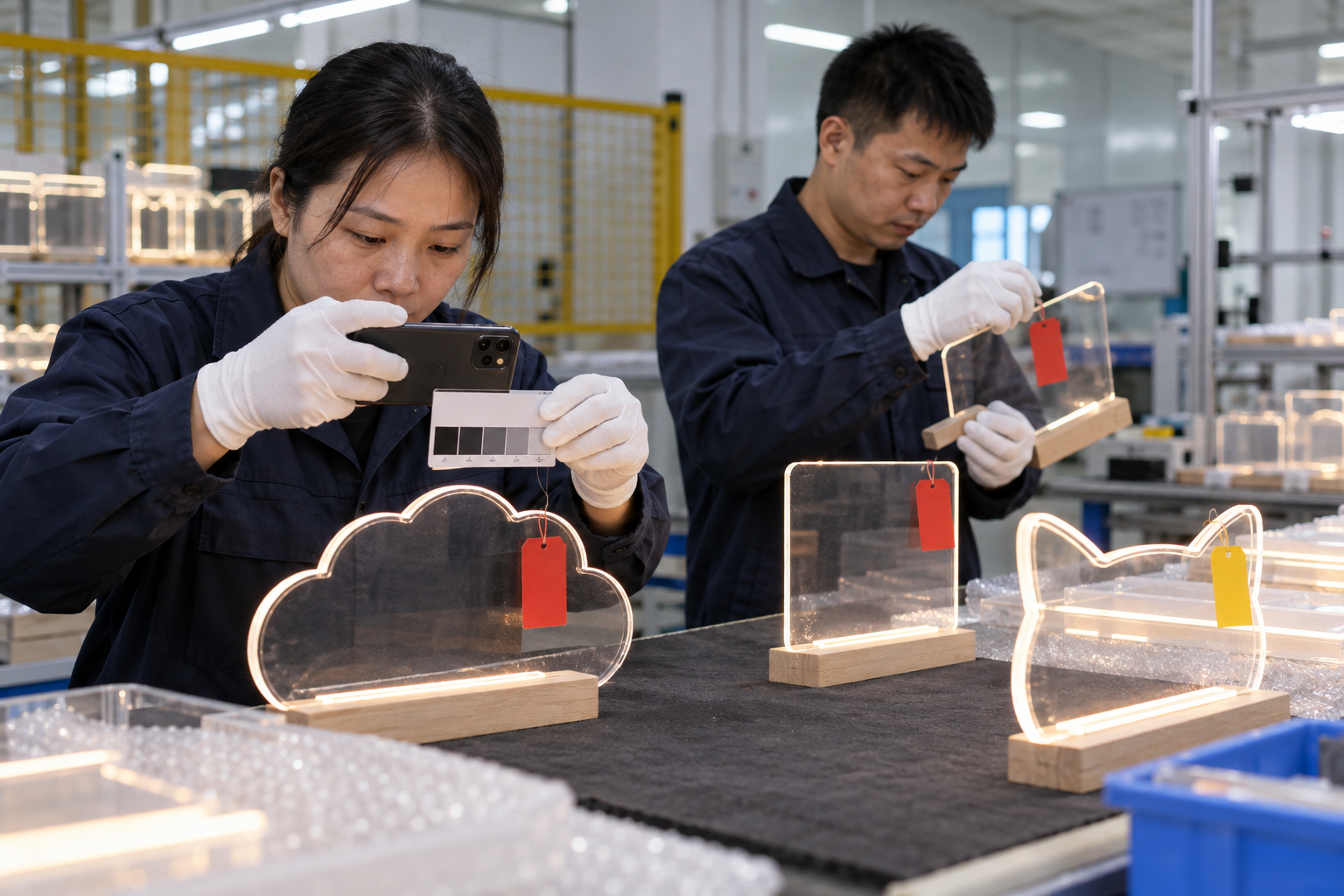 Chinese technicians checking deviation and concession workflow during LED board production