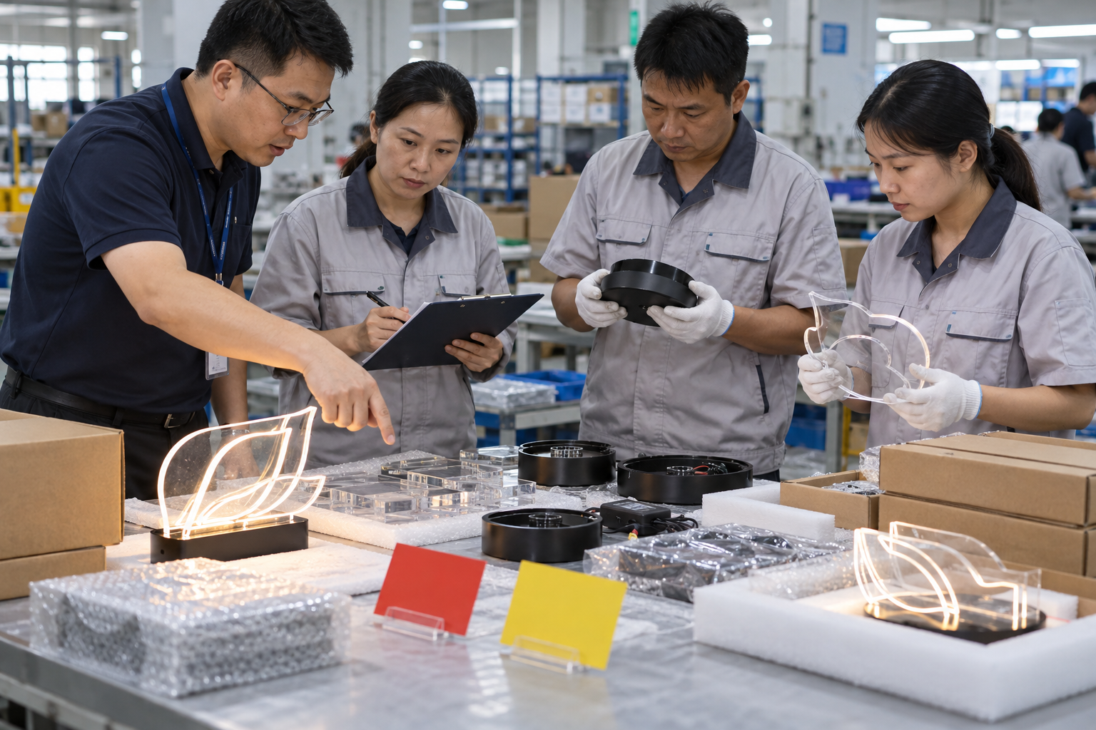 Asian buyer reviewing material review board workflow samples for LED drawing boards