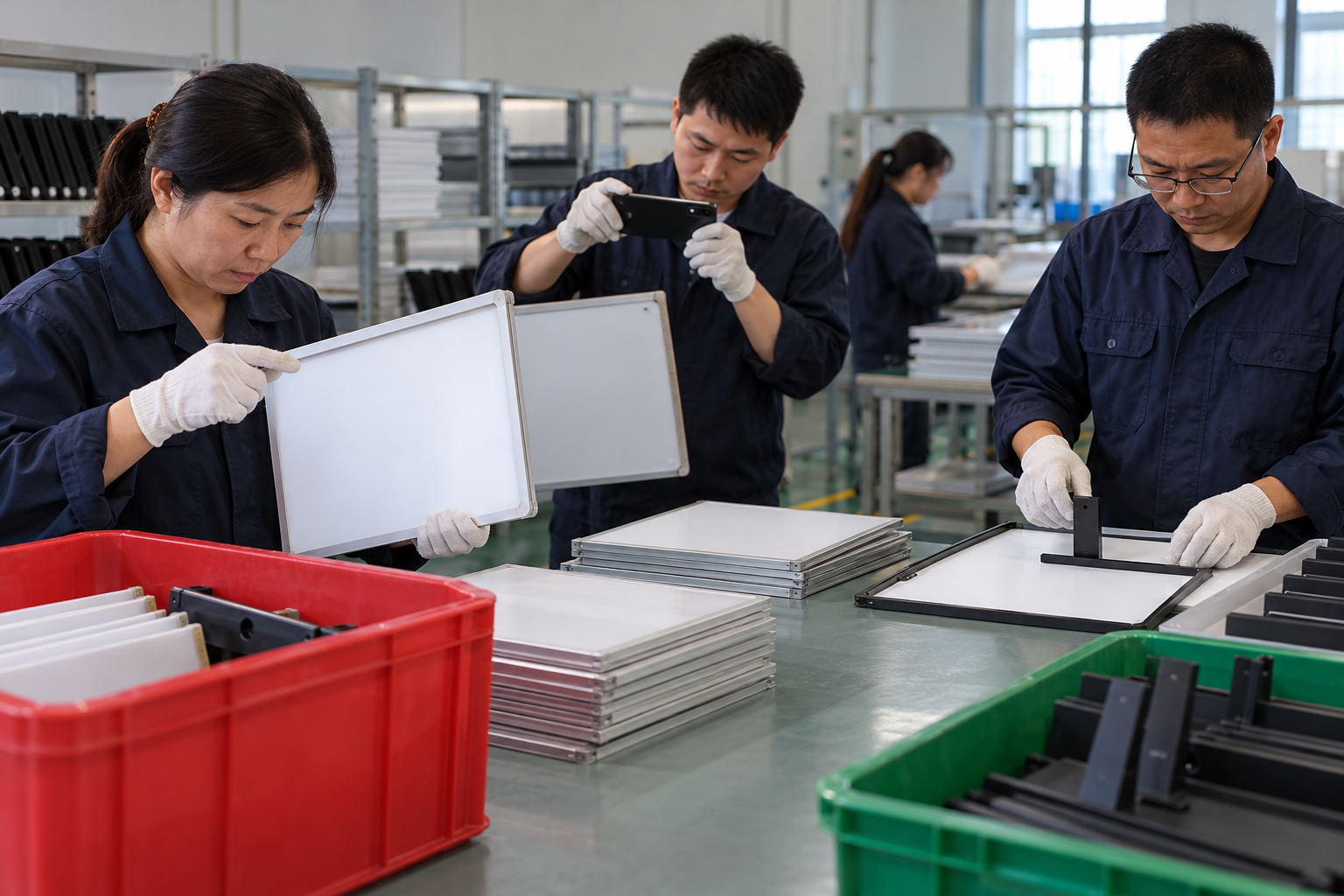 Chinese technicians checking material review board workflow during LED board production