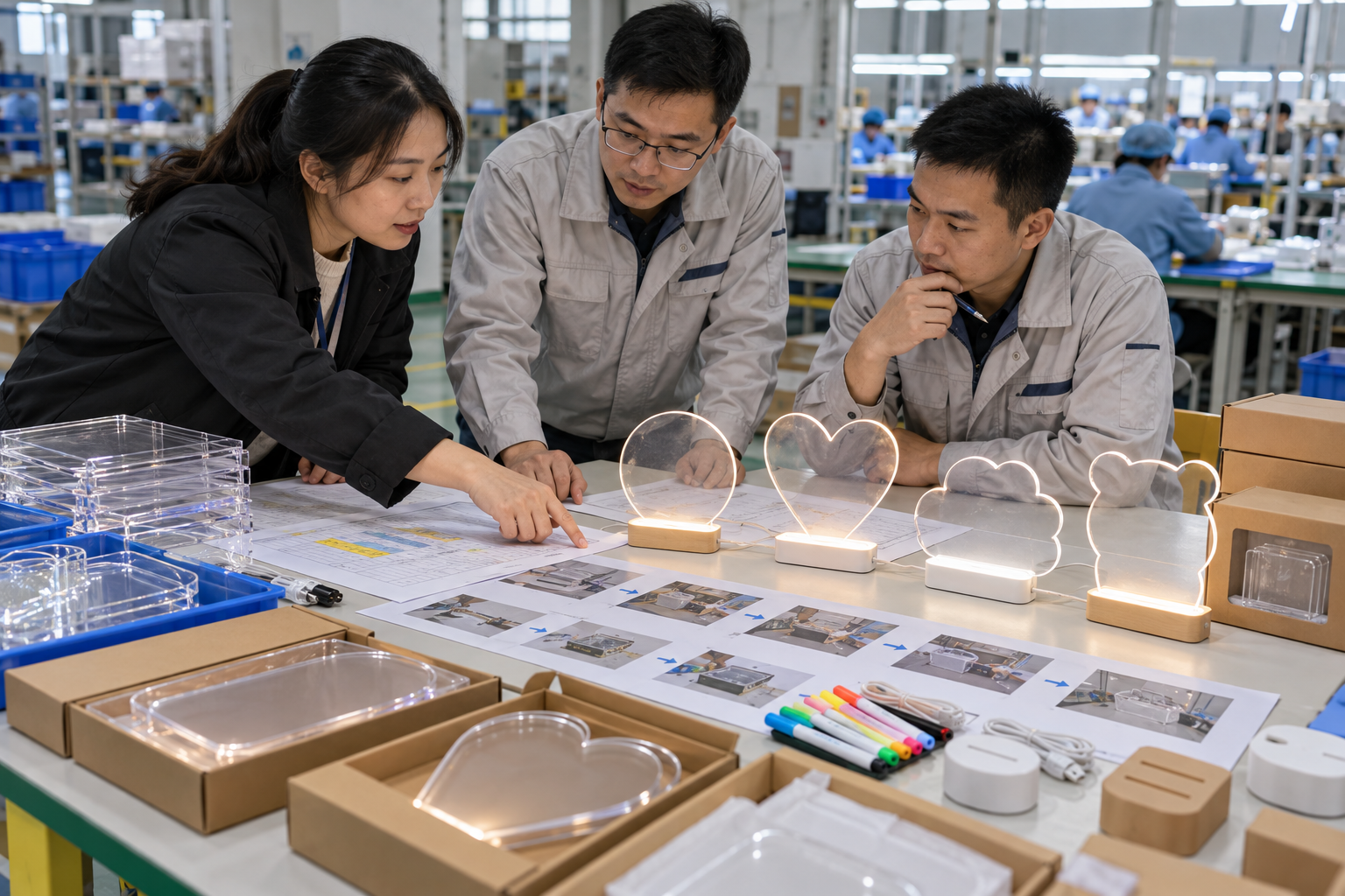 Asian buyer reviewing process FMEA samples for LED drawing boards
