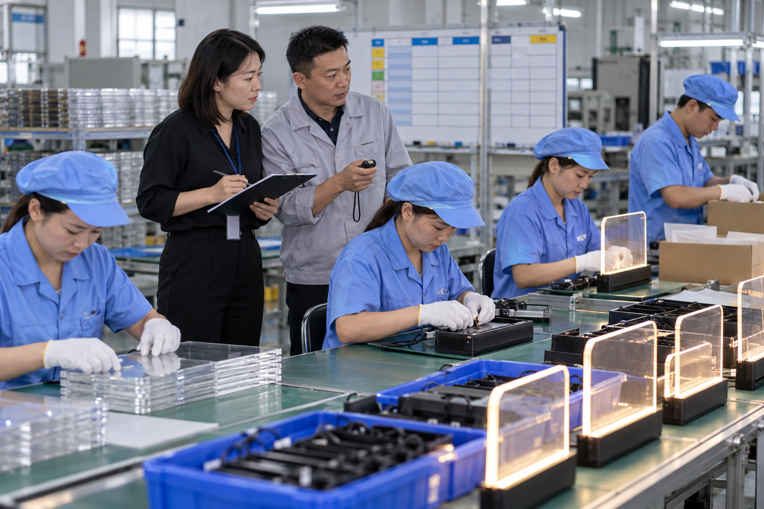 Asian buyer reviewing run-at-rate capacity verification samples for LED drawing boards