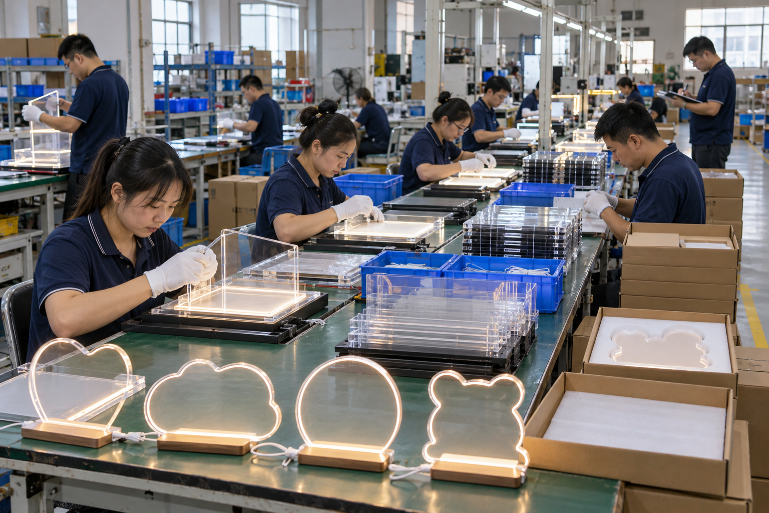 Chinese technicians checking run-at-rate capacity verification during LED board production