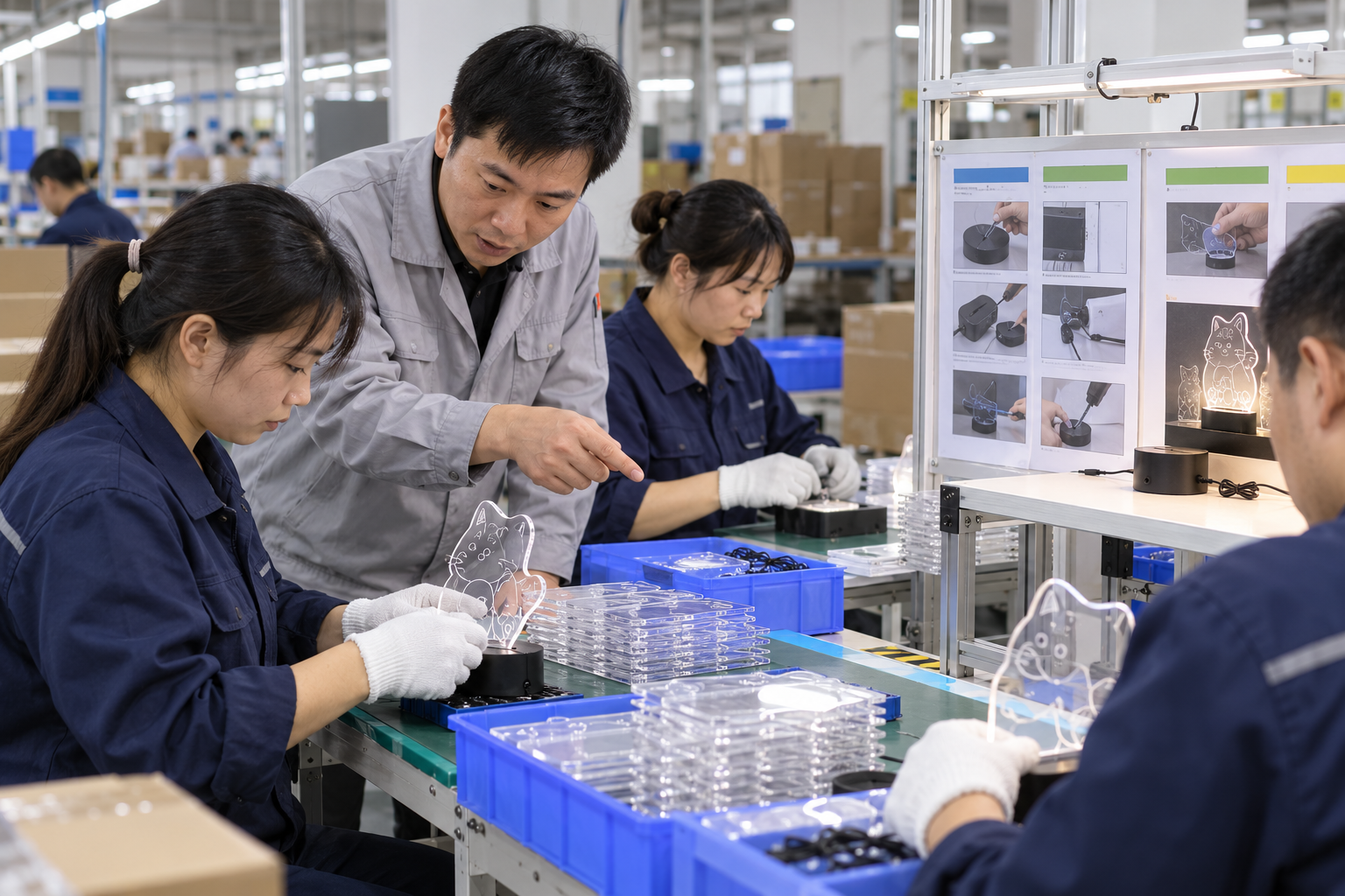 Chinese technicians checking operator competency matrix during LED board production