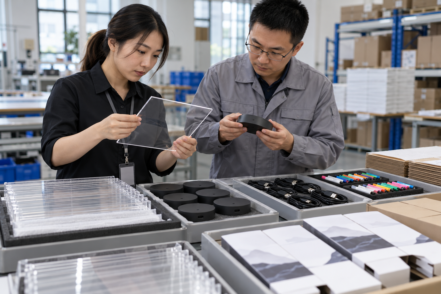 Asian buyer reviewing external-provider control plan samples for LED drawing boards