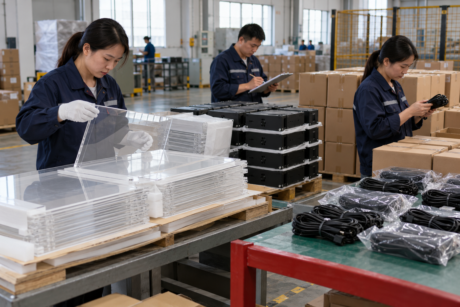 Chinese technicians checking external-provider control plan during LED board production