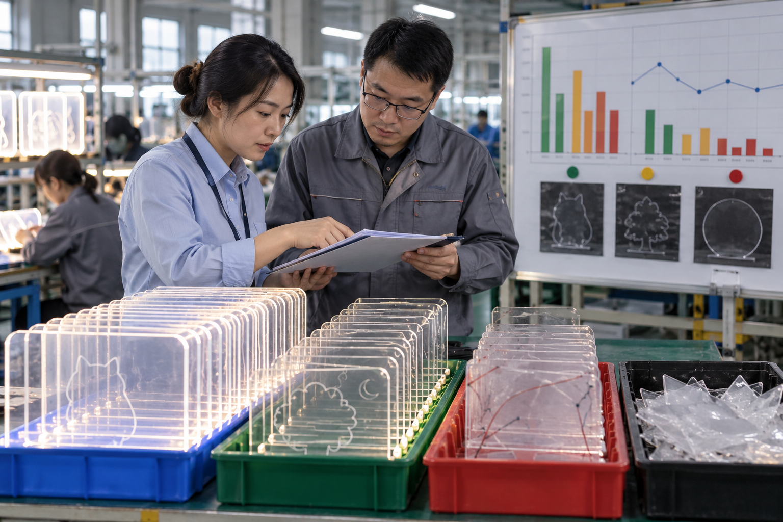 Asian buyer reviewing first-pass-yield measurement samples for LED drawing boards