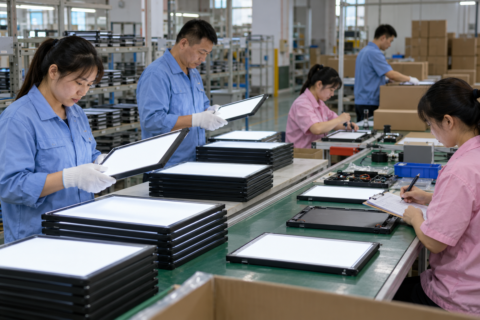 Chinese technicians checking first-pass-yield measurement during LED board production