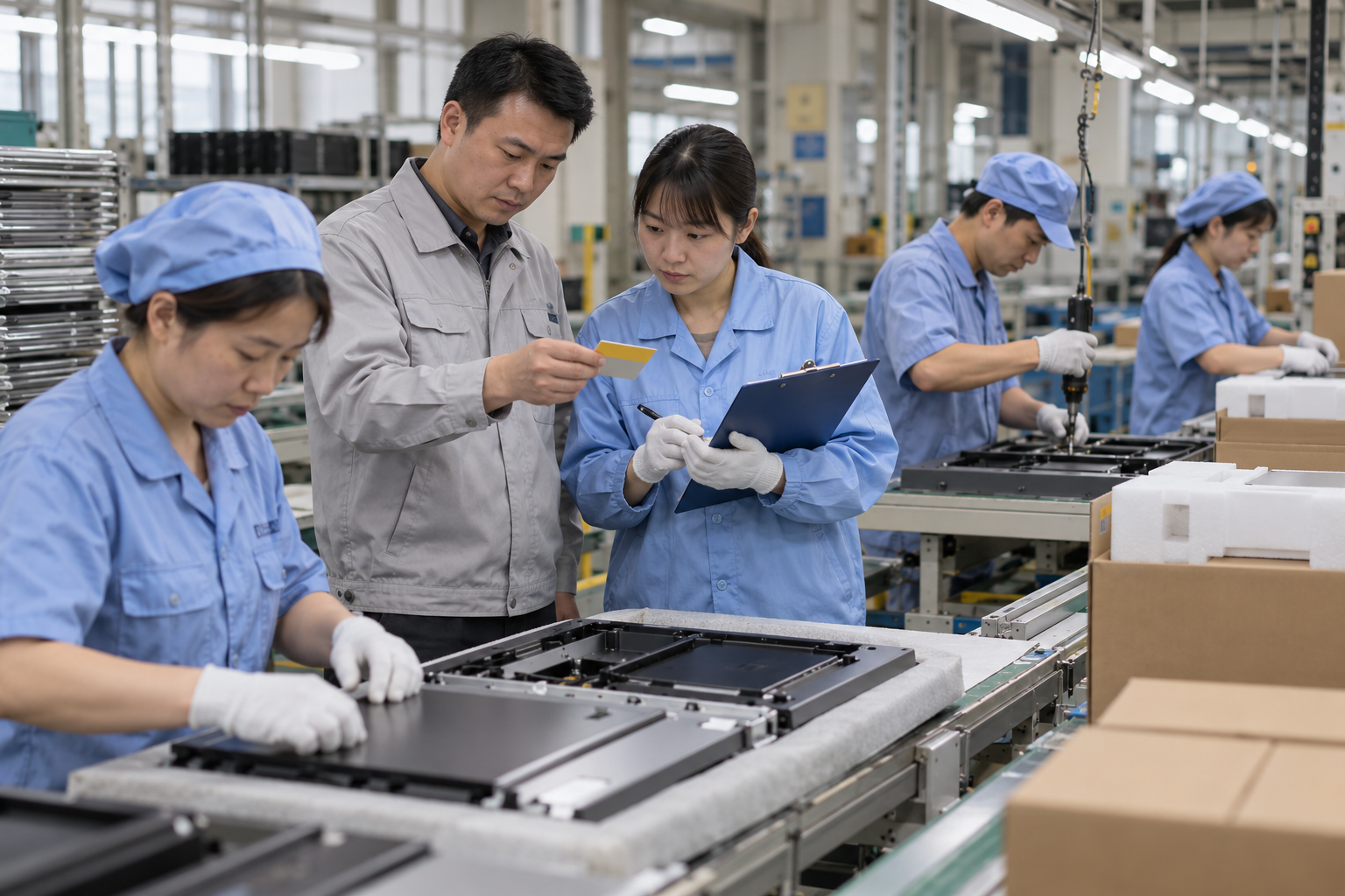 Chinese technicians checking layered process audit during LED board production
