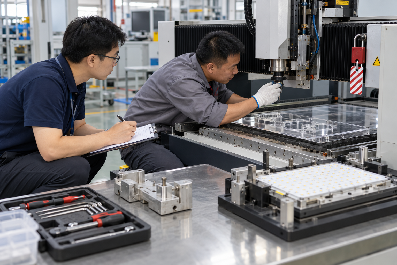 Asian buyer reviewing preventive-maintenance system samples for LED drawing boards