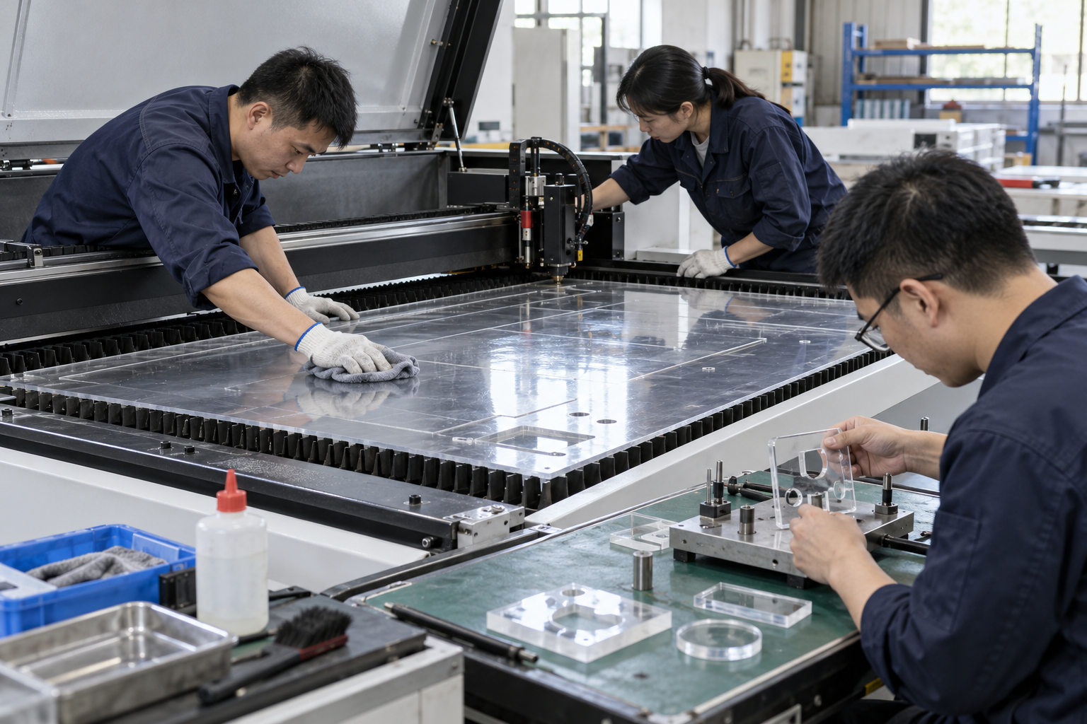 Chinese technicians checking preventive-maintenance system during LED board production