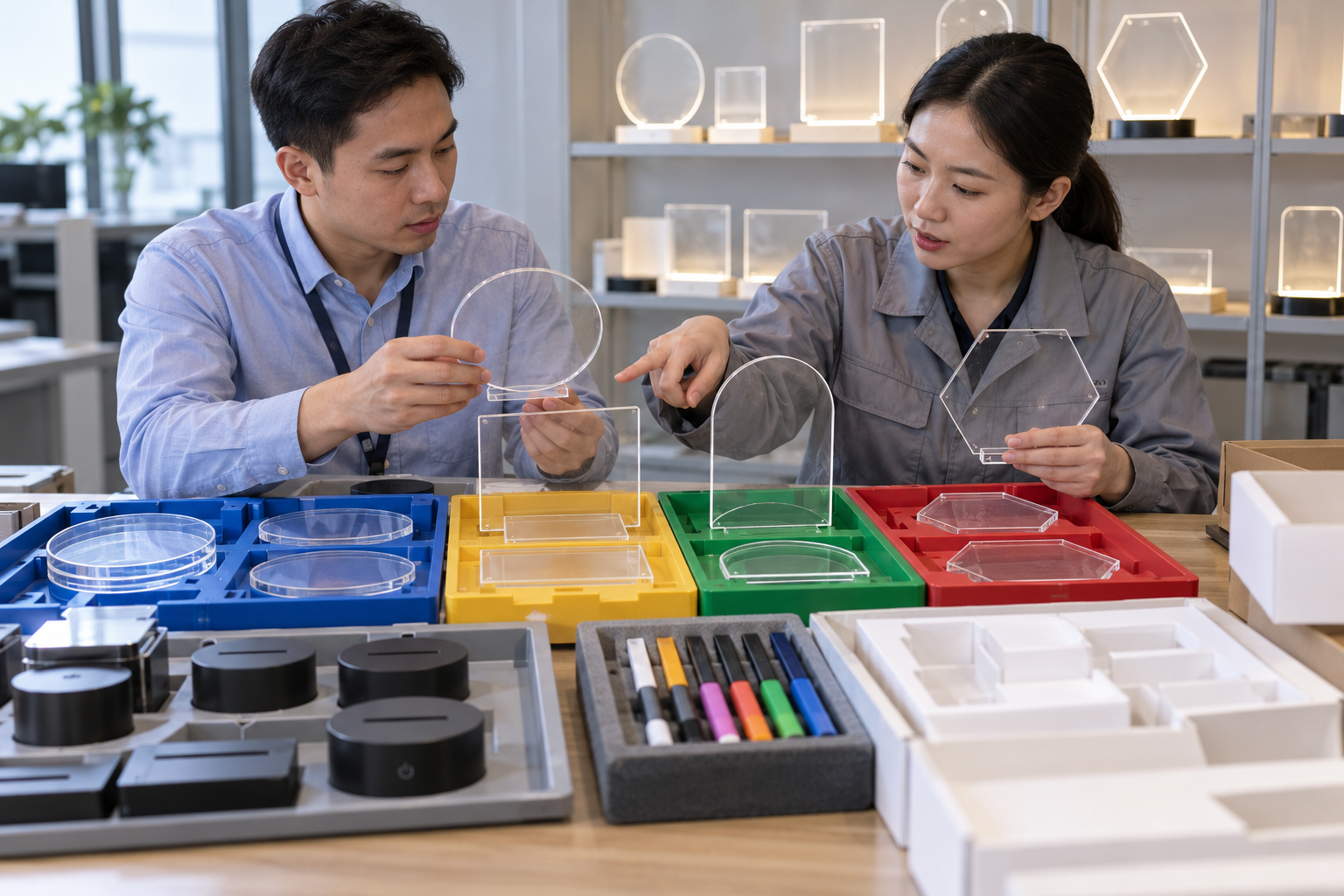 Asian buyer reviewing mistake-proofing plan samples for LED drawing boards