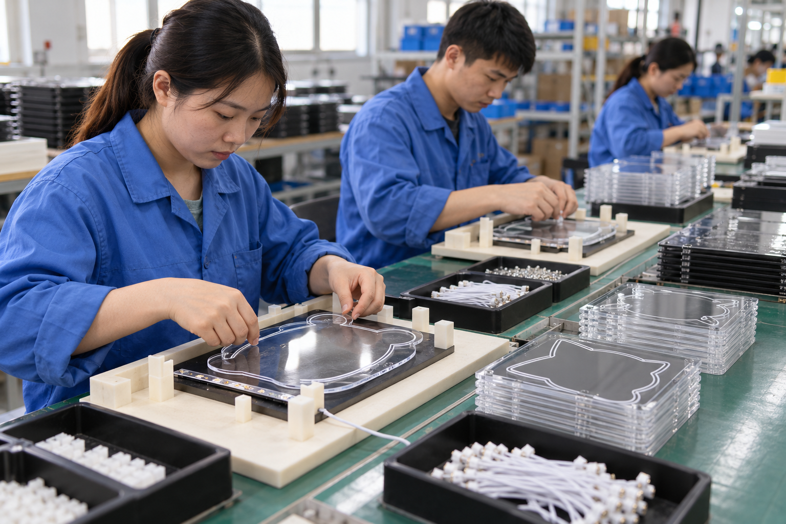 Chinese technicians checking mistake-proofing plan during LED board production